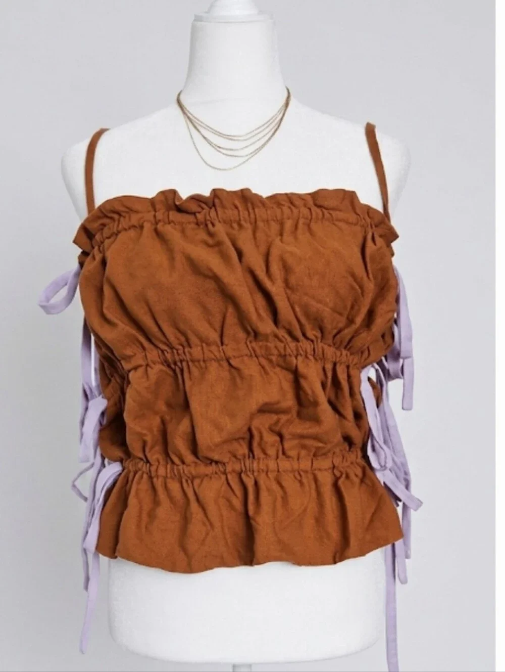 Fenareta Heraia Linen Blend Blouse Brown Ruched Side Tie Top XL EUC